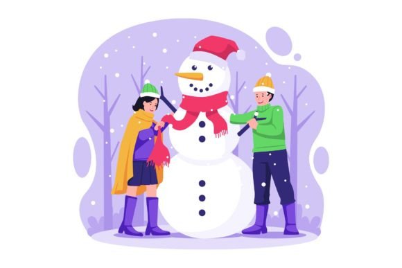 Children Build a Snowman Illustration: A Heartwarming Addition to Your Winter Projects