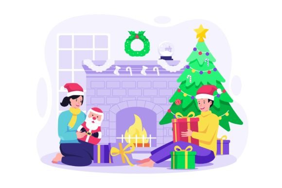 Cozy Christmas Gift Opening Illustration