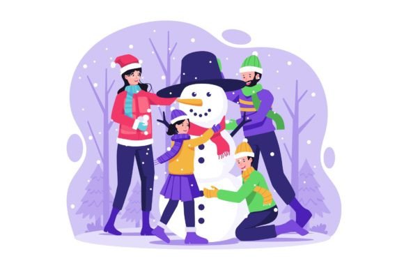 Family Build a Snowman Illustration: A Heartwarming Addition to Your Holiday Designs