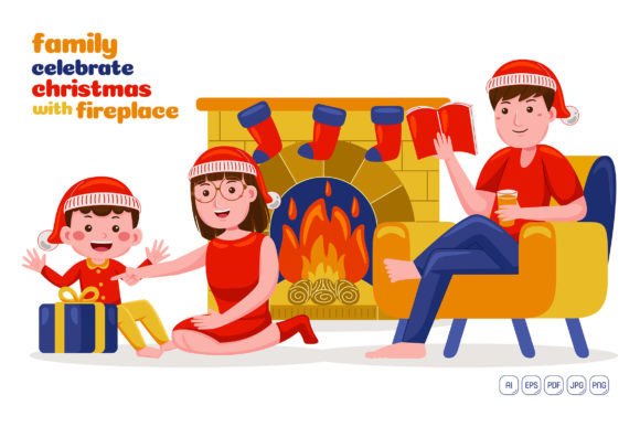 Family Celebrate Christmas in Fireplace