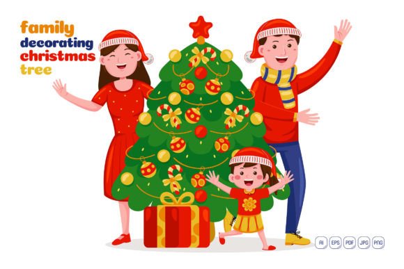 Family Decorating Christmas Tree Vector