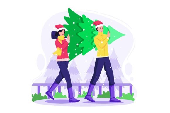 People Carry Christmas Tree: A Festive Vector Illustration